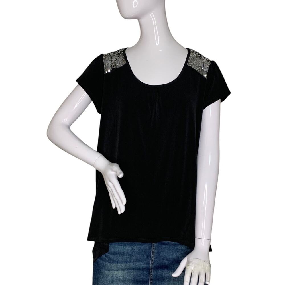 Jaclyn Smith Blouse Short Sleeve Black Asymmetric Sequence on Back Size M